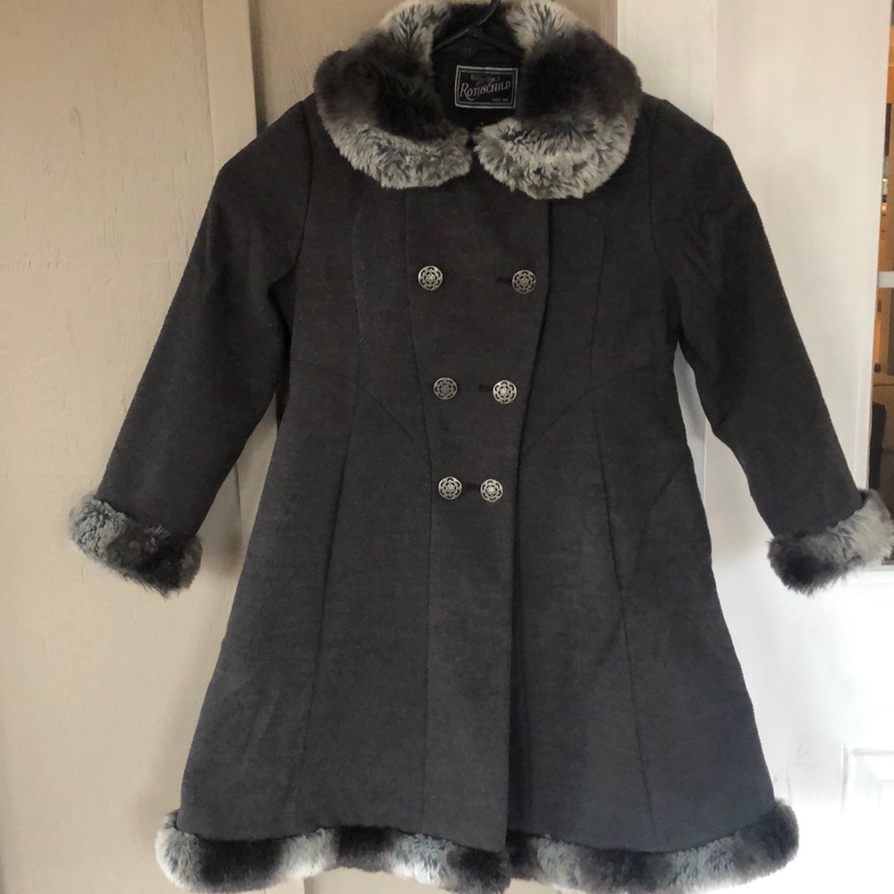 Rothschild Charcoal Grey Winter Dress Coat Peacoat Faux Fur Collar Girls Size 5